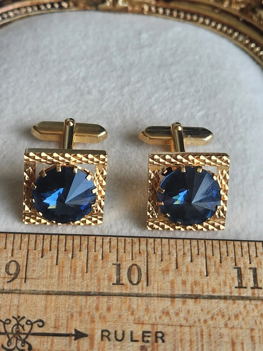 Vintage MCM Gold Square Cufflinks Sapphire Blue Rivoli Crystal Excellent